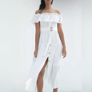 ZARA Dress Women White Medium Spring Easter Midi Cottage Prairie Boho Feminine‎